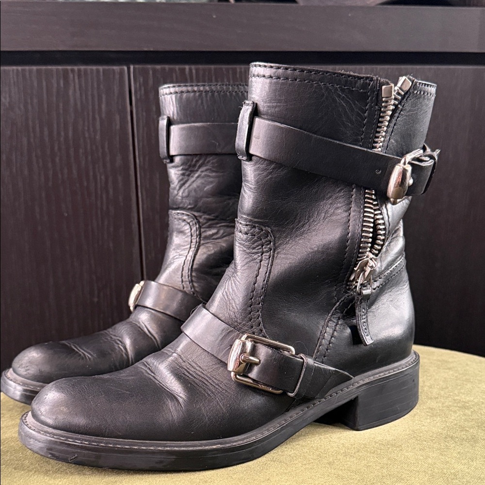 Gucci Black Leather Motorcycle Ankle Boots